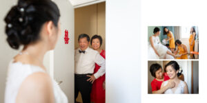 Mariée émue avec ses parents souriants et amicaux.