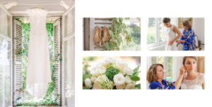 Un collage capture l'essence d'un Mariage à la Forêt des Arts au Domaine de la Mulonnière | Saint-Antoine-du-Rocher, mettant en vedette une robe de mariée blanche près d'une fenêtre, des chaussures beiges avec de la verdure et des moments intimes d'une mariée aidée à enfiler sa tenue.