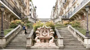 Deux personnes montent des marches en pierre à côté d'une fontaine ornée d'un grand visage et de motifs décoratifs, entourée de verdure et d'immeubles d'appartements dans un cadre urbain.