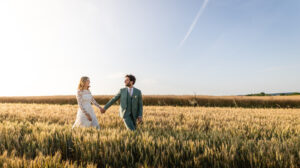 Les mariés se tiennent par la main et marchent dans un champ de blé doré sous un ciel bleu clair, se souriant l'un à l'autre dans la lumière du soleil.