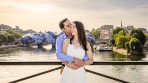 Un homme embrasse et serre dans ses bras sa fiancée souriante sur le pont des Arts à Paris enjambant la Seine, avec en arrière-plan l'île de la Cité et le pont neuf orné de l'œuvre d'art de JR 