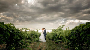 Jeunes mariés qui s'embrassent entre les rangs de vignes du Domaine de Clos d'Elle sous un ciel d'orage, séance couple d'un mariage dans l'Hérault