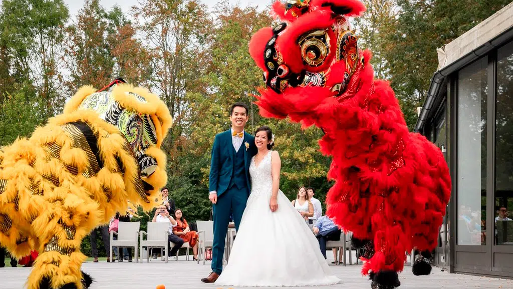 photographe-mariage-Parc de Pontcarré-danse des lions.158 Les mariés sourient tandis que des artistes vêtus de costumes traditionnels chinois de lions aux couleurs vives, jaunes et rouges, dansent devant eux ; on aperçoit des arbres et des invités assis à l'arrière-plan.