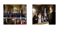 Collage d'images de photographies de mariage. En haut à gauche, une cérémonie de mariage dans une grande salle avec une fresque murale. En bas à gauche, une femme parle. Au centre, des invités assis en tenue colorée lors d'une cérémonie de mariage. À droite, les mariés sont debout, avec l'officiant au premier plan.