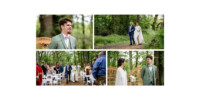 Un collage de quatre images d'un mariage dans une forêt. L'image en haut à gauche montre un homme en costume. Les images en haut à droite et en bas à gauche montrent un père et sa fille marchant dans l'allée. L'image en bas à droite montre le couple se souriant, entouré de verdure.
