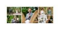 Collage de cinq images d'une cérémonie de mariage en plein air. Sur deux images, l'officiant parle dans un microphone. Sur deux images, le couple est assis sur des chaises paon, se tenant la main. Sur une image, l'officiant montre un document encadré.
