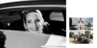 Une femme aux cheveux blonds est assise sur le siège arrière d'une voiture, souriant et regardant par la fenêtre. Le côté droit de l'image montre un bâtiment avec une tour d'horloge au-dessus d'une entrée voûtée, suggérant qu'il s'agit de la mairie où deux personnes se tiennent à côté d'une voiture garée lors de cette journée ensoleillée d'arrivée de la mariée à la mairie.