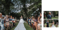Une mariée marche dans une allée extérieure bordée d'invités assis, tenant des téléphones pour immortaliser l'instant. À droite, un collage montre le marié, le couple échangeant des bagues et partageant un baiser sous une arche fleurie. Le cadre est luxuriant, avec de la verdure et des arbres.