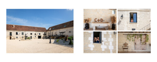 Collage d'un bâtiment rustique en pierre avec une cour en gravier sous un ciel bleu. D'autres images mettent en valeur les détails du bâtiment, notamment une décoration monogrammée (C+D), deux personnes faisant signe de la main depuis une fenêtre, une chaise vintage et une porte en bois, parfaits pour tout portfolio de photographe de mariage préparatifs.