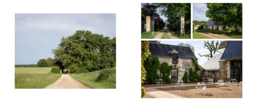 Un collage de quatre images représentant un paysage pittoresque, parfait pour un portfolio. L'image de gauche montre un chemin de terre à travers les champs. Le côté droit comporte trois images : un chemin bordé d'arbres avec un portail, un bâtiment pittoresque entouré de verdure et un patio extérieur avec tables et chaises. Idéal pour les photographes de mariage préparatifs.