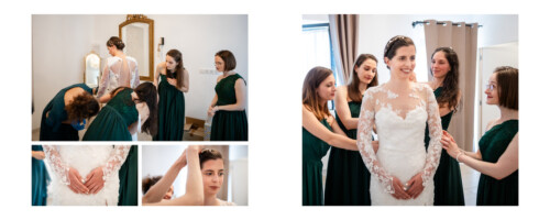 Un collage d'un talentueux photographe de portfolio capture les préparatifs intimes d'un mariage : cinq femmes en robes vert foncé assistent une mariée souriante dans une robe en dentelle blanche, avec un gros plan de ses mains se tenant derrière son dos.