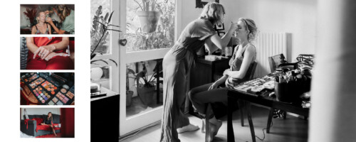 Photographie en noir et blanc d'une maquilleuse appliquant du maquillage sur une femme assise dans une pièce ensoleillée, mettant en valeur les délicats préparatifs. Le côté gauche de l'image présente quatre photos couleur plus petites : un gros plan main dans la main, une palette de maquillage, une femme en robe rouge et la maquilleuse au travail, parfait pour tout portfolio photographe mariage.