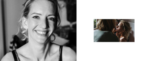 Côté gauche : Un portrait en noir et blanc de la mariée souriante. Côté droit : En couleur, une mariée se fait maquiller, capturant l'ambiance vibrante des préparatifs à domicile. Les deux images dégagent une atmosphère joyeuse, parfaite pour les célébrations de mariage.