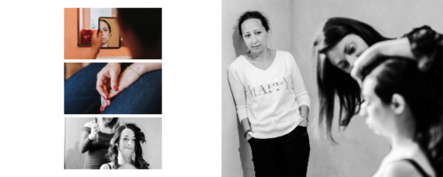 Un collage de quatre images capture les préparatifs du mariage : une femme se regardant dans un petit miroir, les mains tenant délicatement un fil rouge, une mariée souriant pendant que ses cheveux sont coiffés, et une autre dans un pull "Happy" observant joyeusement le processus.