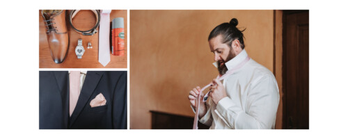 Collage de préparatifs du marié : les images de gauche montrent des chaussures marron, une ceinture, une montre, des boutons de manchette, une cravate et un costume avec une pochette rose. L'image de droite montre le marié en train d'ajuster sa cravate rose tout en portant une chemise blanche.