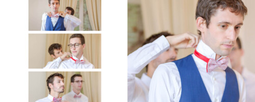 Un futur marié portant un gilet bleu et une chemise blanche est aidé par son témoin pour ajuster son nœud papillon rouge et blanc. L'image de droite montre un gros plan, tandis que trois images plus petites à gauche illustrent différentes étapes de la fixation du nœud papillon. Cette photo élégante pourrait être un élément phare du portfolio de tout photographe de mariage.