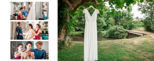 Une robe de mariée blanche est suspendue à un arbre, avec un jardin verdoyant et un petit étang en arrière-plan. À gauche, on voit quatre photos de femmes-témoins se préparant pour le mariage, ajustant la robe et les bijoux de la mariée.