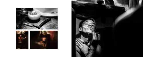 Image en noir et blanc du futur marié e se rasant avec un rasoir droit. Le côté droit le montre en train de se raser, tandis que le côté gauche présente des gros plans des outils de rasage dans la salle de bain et deux images plus petites du marié devant un miroir, en train de faire ses préparatifs.