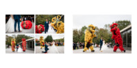 Une page d'album de mariage montre un couple de mariés profitant d'une danse colorée du lion. Les photos montrent les lions rouges et jaunes vibrants interagissant avec le couple et les invités sur une terrasse en bois extérieure. Des arbres sont visibles en arrière-plan.
