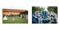 L'image est divisée en deux parties : à gauche, un couple de mariés s'embrassent sous le regard des invités ; à droite, un groupe de garçons d'honneur et d'invités posent avec enthousiasme pour une photo, certains avec des expressions enjouées.