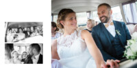 Un couple de mariés joyeux est assis ensemble dans une voiture ancienne, se souriant. Des photos en noir et blanc en médaillon montrent des moments spontanés avec la famille et les amis. La mariée porte une robe en dentelle et le marié est en costume avec un nœud papillon.