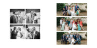 Un collage de photos en noir et blanc et en couleur d'un mariage. À gauche, quatre images en noir et blanc de couples s'embrassant. À droite, trois photos de groupe en couleur avec des invités assis et debout à l'extérieur pendant l'événement.