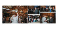 Un collage de scènes de mariage dans un décor de grange rustique. La mariée sourit tout en tenant des rubans, les invités rient et se mêlent. Les photos capturent une atmosphère joyeuse avec un éclairage chaleureux et des décorations festives.