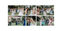 Un collage de six photos de mariage en plein air avec des gens dansant joyeusement sur une pelouse. La mariée et les invités portent des robes et des costumes colorés. L'arrière-plan présente des arbres verts et un bâtiment.