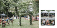 Une réception de mariage dans un jardin avec des invités qui se mêlent et un couple de mariés en arrière-plan. Des tentes abritent un groupe de musique en direct sur la droite. La scène est entourée d'arbres verts luxuriants.