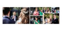 Collage de photos de mariage avec des personnes prononçant des discours et profitant de la fête. Un homme parle tandis que d'autres écoutent et sourient, capturant des moments spontanés de joie et de fête.
