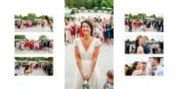 Une mariée souriante tenant un bouquet se tient devant une foule nombreuse et enthousiaste lors d'un mariage en plein air. De petites photos en médaillon capturent divers moments festifs avec des invités en tenues colorées célébrant l'occasion sous un ciel dégagé.