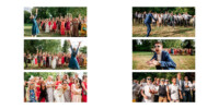 Un groupe de personnes habillées de manière formelle ou décontractée font la fête en plein air dans un parc. Ils sourient, applaudissent et posent pour des photos par une journée ensoleillée. Certaines photos montrent des individus gesticulant avec enthousiasme. Des arbres et de l'herbe sont visibles en arrière-plan.
