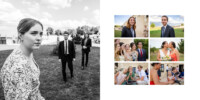 Une image composite de personnes lors d'un cocktail de mariage en plein air. À gauche, une photo en noir et blanc d'une femme et de deux hommes en train de marcher. À droite, six photos en couleur présentent divers invités souriant, discutant et interagissant entre eux.