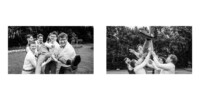 Images en noir et blanc d'un groupe d'hommes en plein air. À gauche, ils posent joyeusement en tenant un homme dans leurs bras. À droite, ils lancent le même homme en l'air. Les deux images illustrent un moment joyeux et amusant.