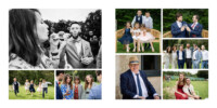 Un collage de moments de mariage : une femme qui fait des bulles, des enfants sur un banc, un groupe qui court, des invités souriants, un homme âgé assis et un couple qui pose. Les scènes capturent des interactions joyeuses et des célébrations en plein air.