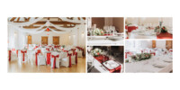 Une salle de réception de mariage au décor rouge et blanc. Les tables sont dressées avec des nappes blanches, des chemins de table rouges et des centres de table floraux. Les chaises sont ornées de ceintures rouges. Le plafond est drapé de tissu blanc et de lustres. Des couverts élégants complètent la scène.