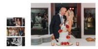 Un couple s'embrasse à côté d'un gâteau de mariage blanc orné de roses rouges. Trois images plus petites les montrent en train de parler, de rire avec les invités et de s'embrasser sur la piste de danse. Une pile d'assiettes et de bougies est présente sur la table.