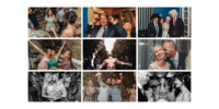 Un collage de divers moments de mariage : des invités dansant, un homme portant une perruque amusante, des selfies de groupe, un homme torse nu en train de célébrer et des couples souriant de joie à la réception.