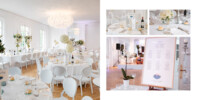 Une réception de mariage sur le thème du blanc avec des tables élégamment dressées, des chaises blanches et des centres de table floraux. Un panneau de menu affiché à proximité. Un éclairage doux et un lustre rehaussent l'atmosphère élégante.
