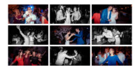 Un collage de neuf photos de réception de mariage, montrant des invités dansant et faisant la fête. Les images varient entre les couleurs et le noir et blanc. Des expressions joyeuses et des mouvements dynamiques capturent l'atmosphère festive.