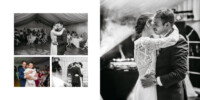 Un collage de photos de mariage en noir et blanc montre un couple dansant de près lors de leur réception. Ils sourient et s'embrassent, entourés d'invités assis sous une tente.
